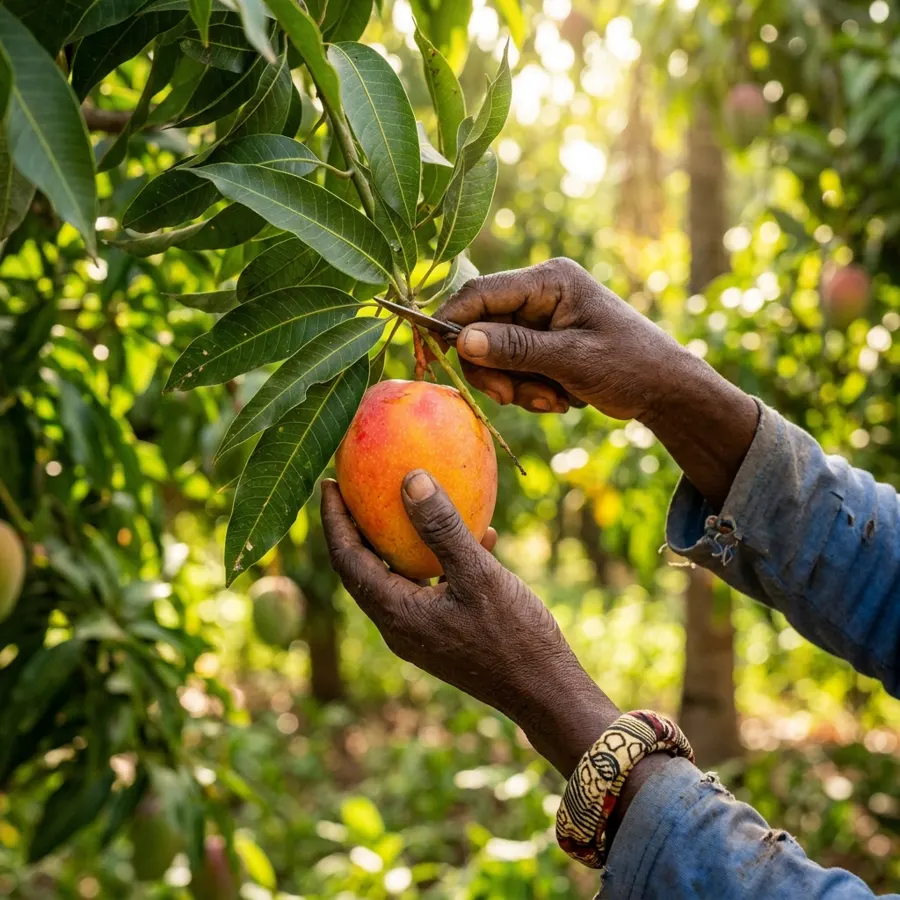 Une main cueille une mangue sur l'arbre
