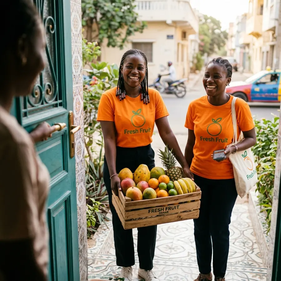 Deux livreuses Fresh Fruit apportent une caisse de fruits